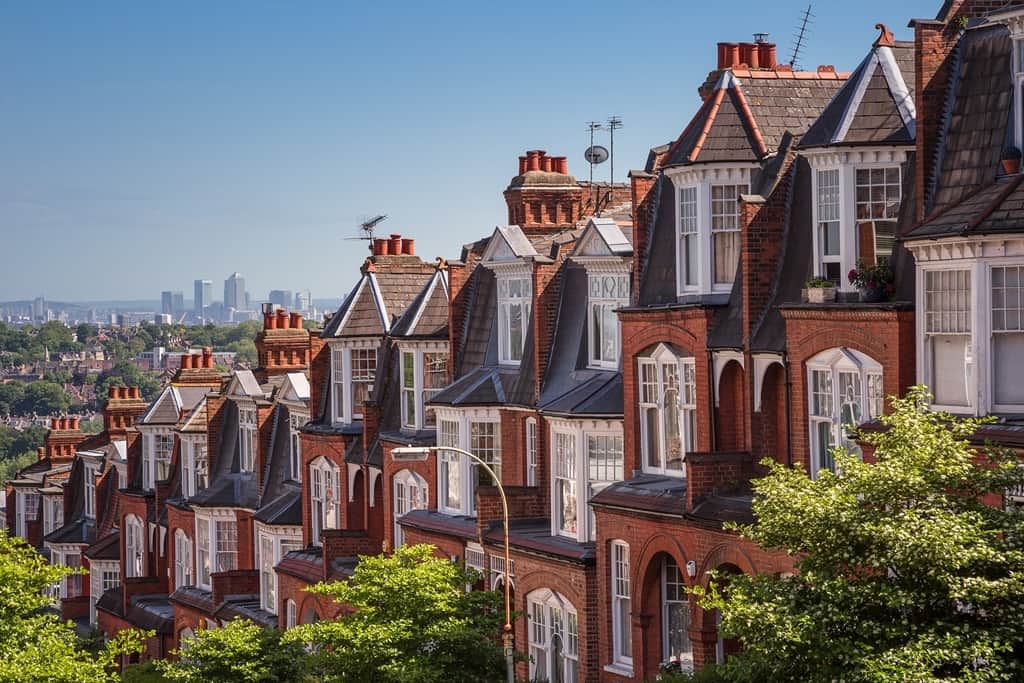 Rows of red-brick Victorian houses on a hillside with the London skyline beyond